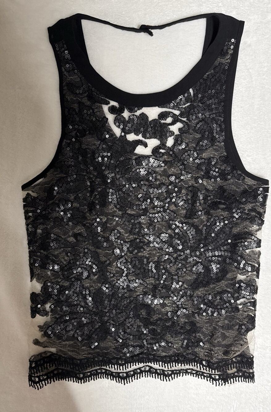 Astr women's black sheer lace floral sequin Sleeveless Top Evening Sz XSmall